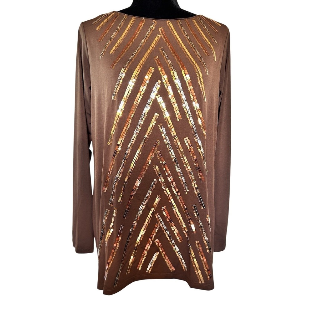 NWT Bob Mackie Brown Sequin Embellished Blouse Size Small